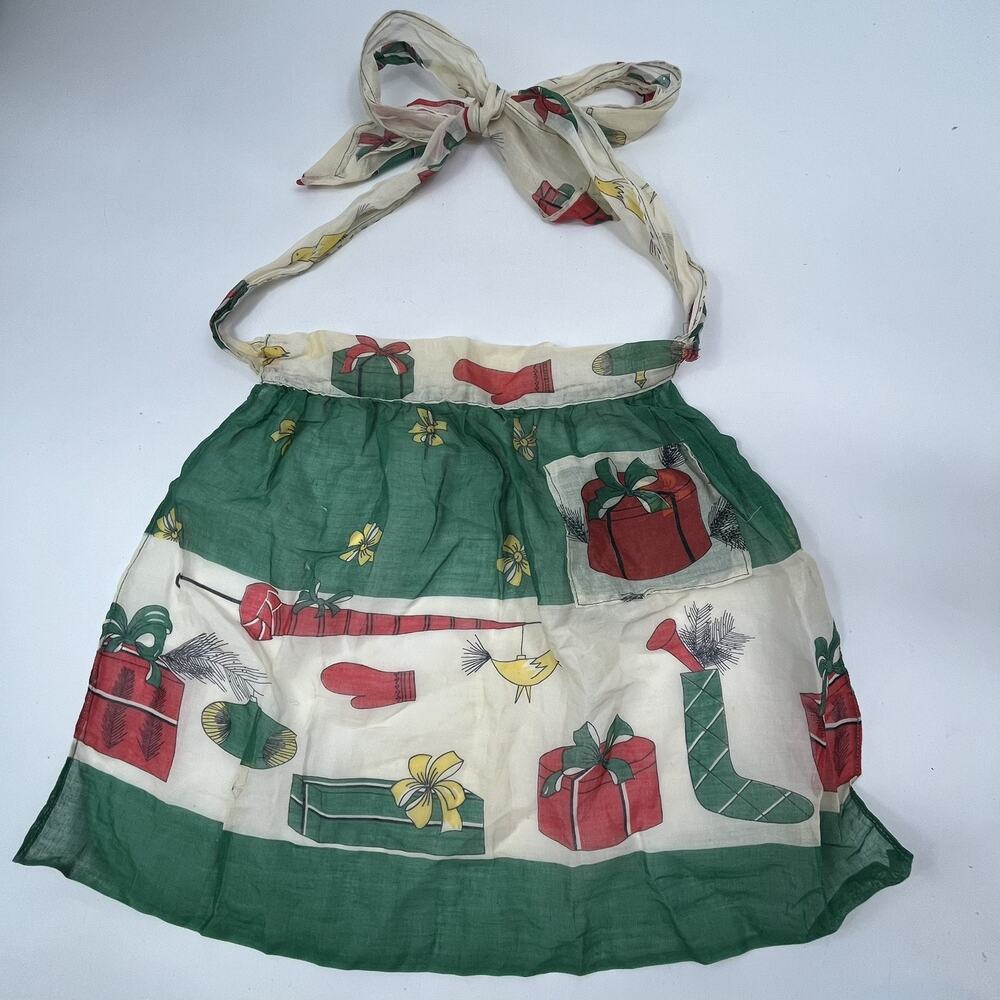 Vtg Childrens Christmas Apron Holiday Print Presents Stocking Green Sheer Pocket